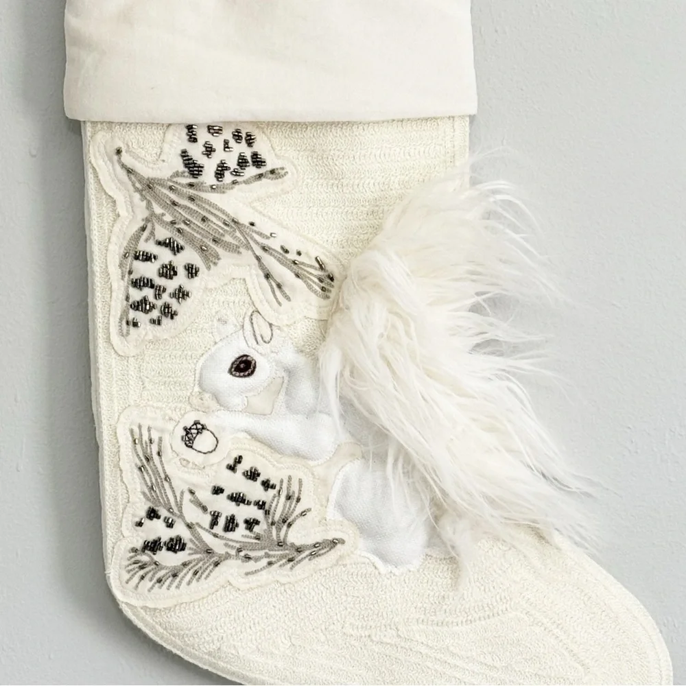POTTERY BARN Ivory WOODLAND FURRY SQUIRREL CHRISTMAS STOCKING 12” X 20”